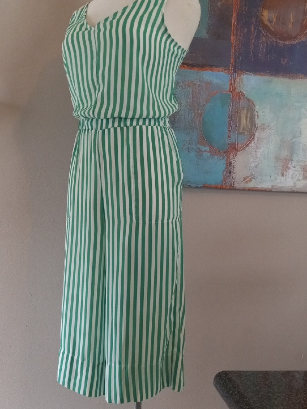 Tiana B. Wide Leg Green and White Vertical Stripe Sleeveless Jumpsuit Romper - Picture 11 of 16
